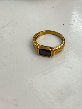 Gold Tone Signet Ring with Black Rectangular Stone